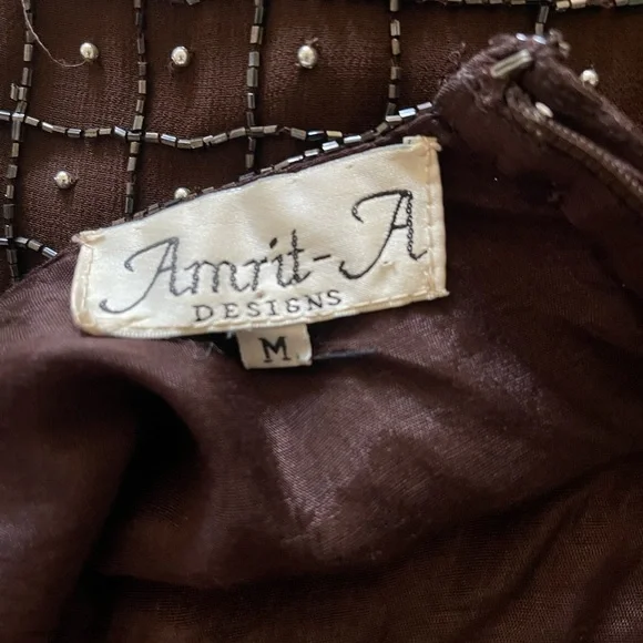 Vintage Brown Beaded Mini Dress​ Sz Med